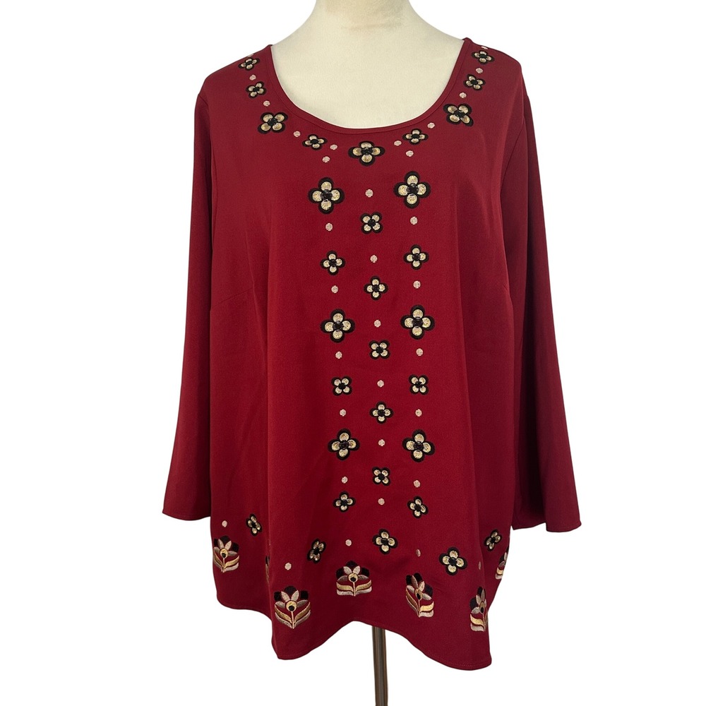 Bob Mackie Wearable Art Embroidered Floral Top Blouse Red Womens 1X Plus Size